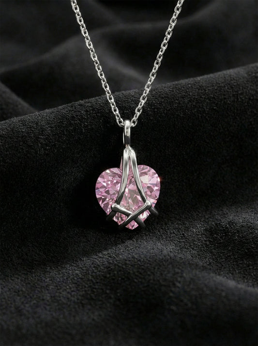 925 Ayar Gümüş Rodyum Renk Pembe Kuvars Taşlı Kafes Kalp Arkadaşlık Kolyesi