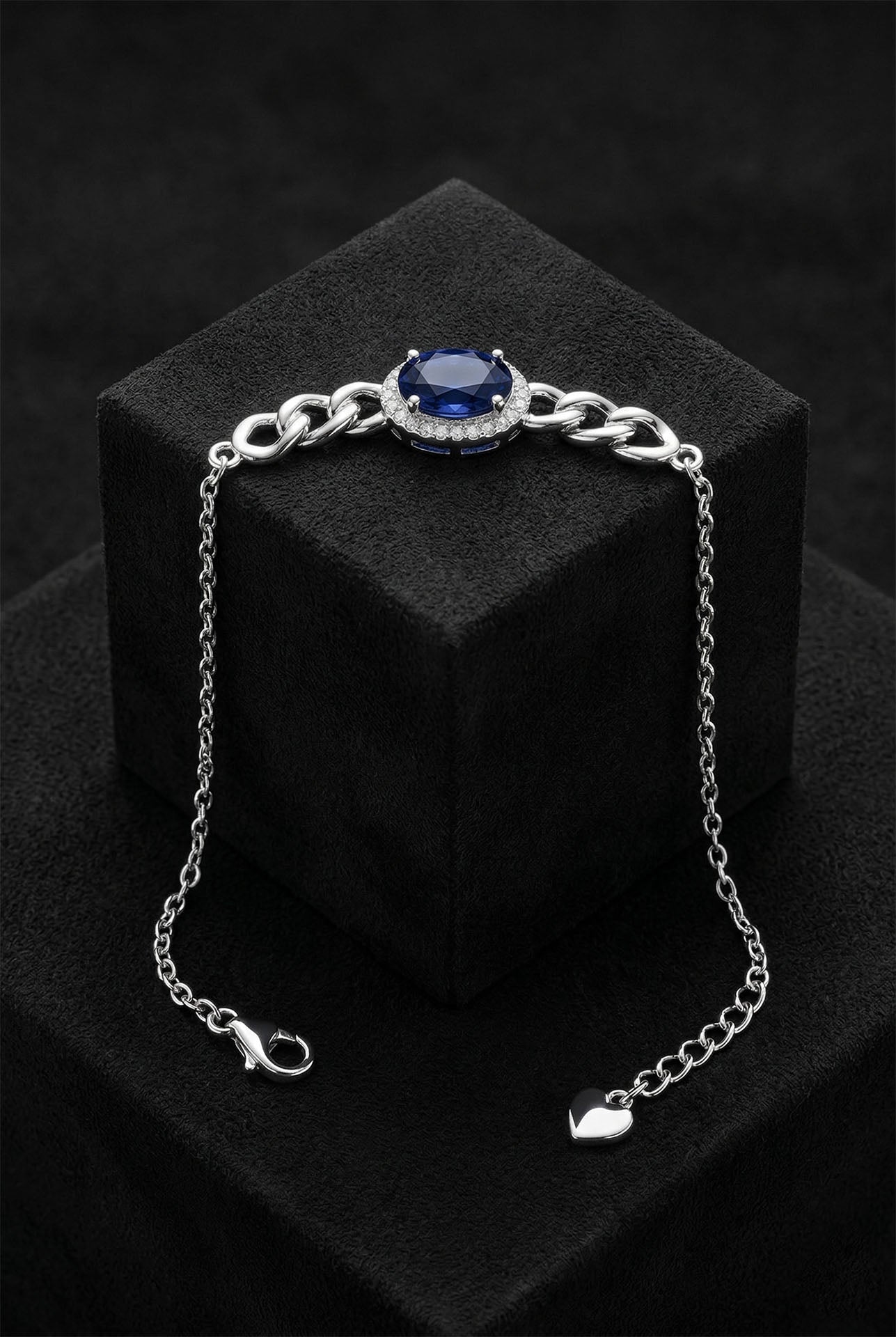 925 Ayar Gümüş Rodyum Renk Safir Taşlı Gurmet Zincir Detaylı Bileklik