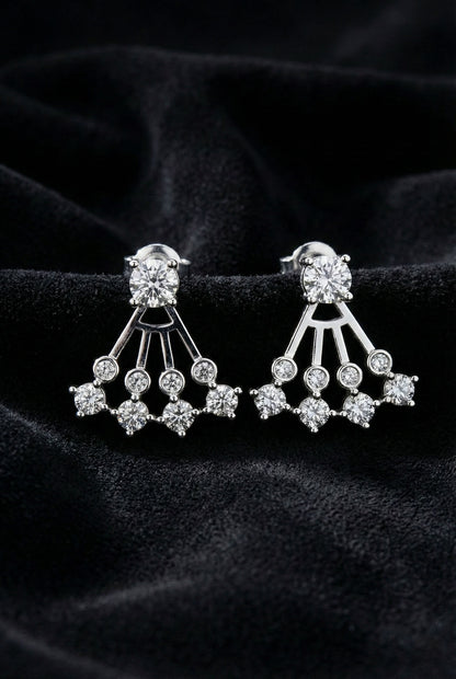 925 Ayar Gümüş Rodyum Renk Tektaş ve Yelpaze Kombinli İki Parçalı Ear Jacket Küpe