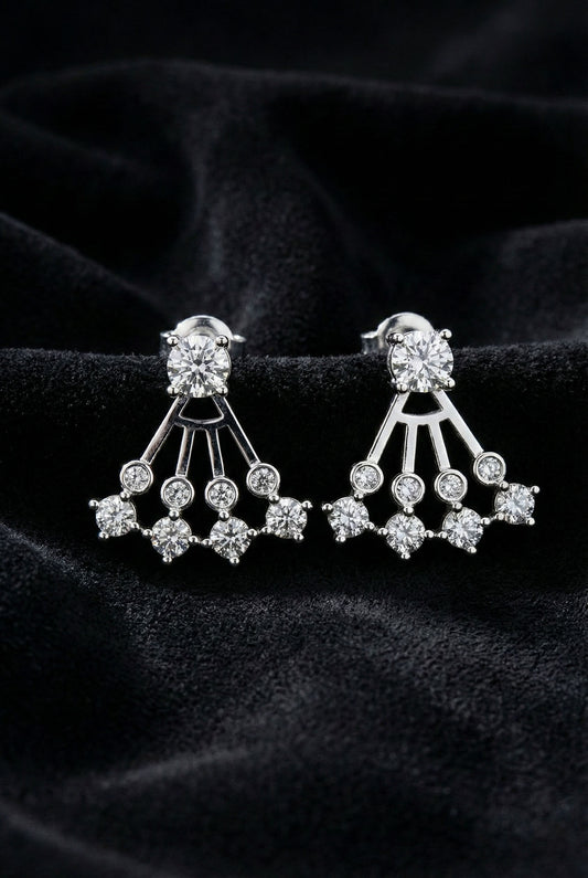 925 Ayar Gümüş Rodyum Renk Tektaş ve Yelpaze Kombinli İki Parçalı Ear Jacket Küpe