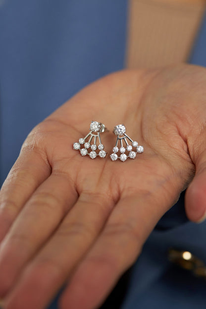 925 Ayar Gümüş Rodyum Renk Tektaş ve Yelpaze Kombinli İki Parçalı Ear Jacket Küpe