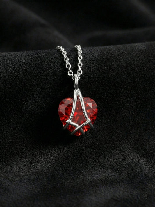 925 Ayar Gümüş Rodyum Renk Yakut Taşlı Kafes Kalp Arkadaşlık Kolyesi