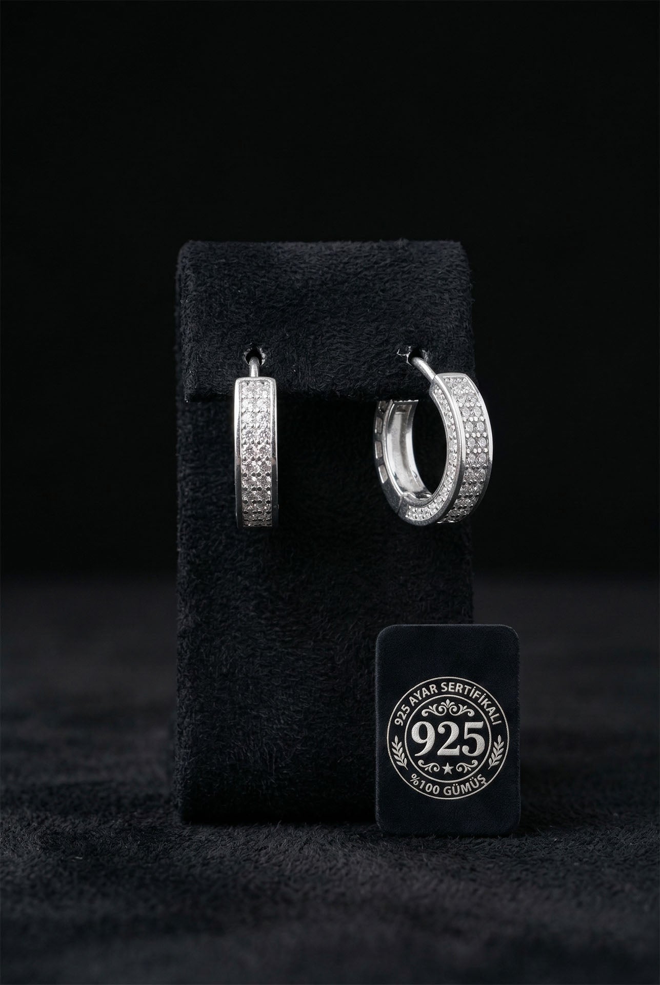 925 Ayar Gümüş Rodyum Renk Zirkon Taşlı İki Sıra Huggie Halka Küpe - Küçük