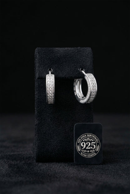 925 Ayar Gümüş Rodyum Renk Zirkon Taşlı İki Sıra Huggie Halka Küpe - Küçük