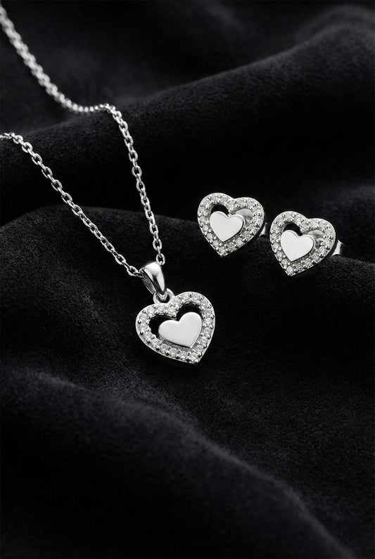 925 Ayar Gümüş Rodyum Renk Zirkon Taşlı Minimal Kalpli Kolye-Küpe 2'li Set