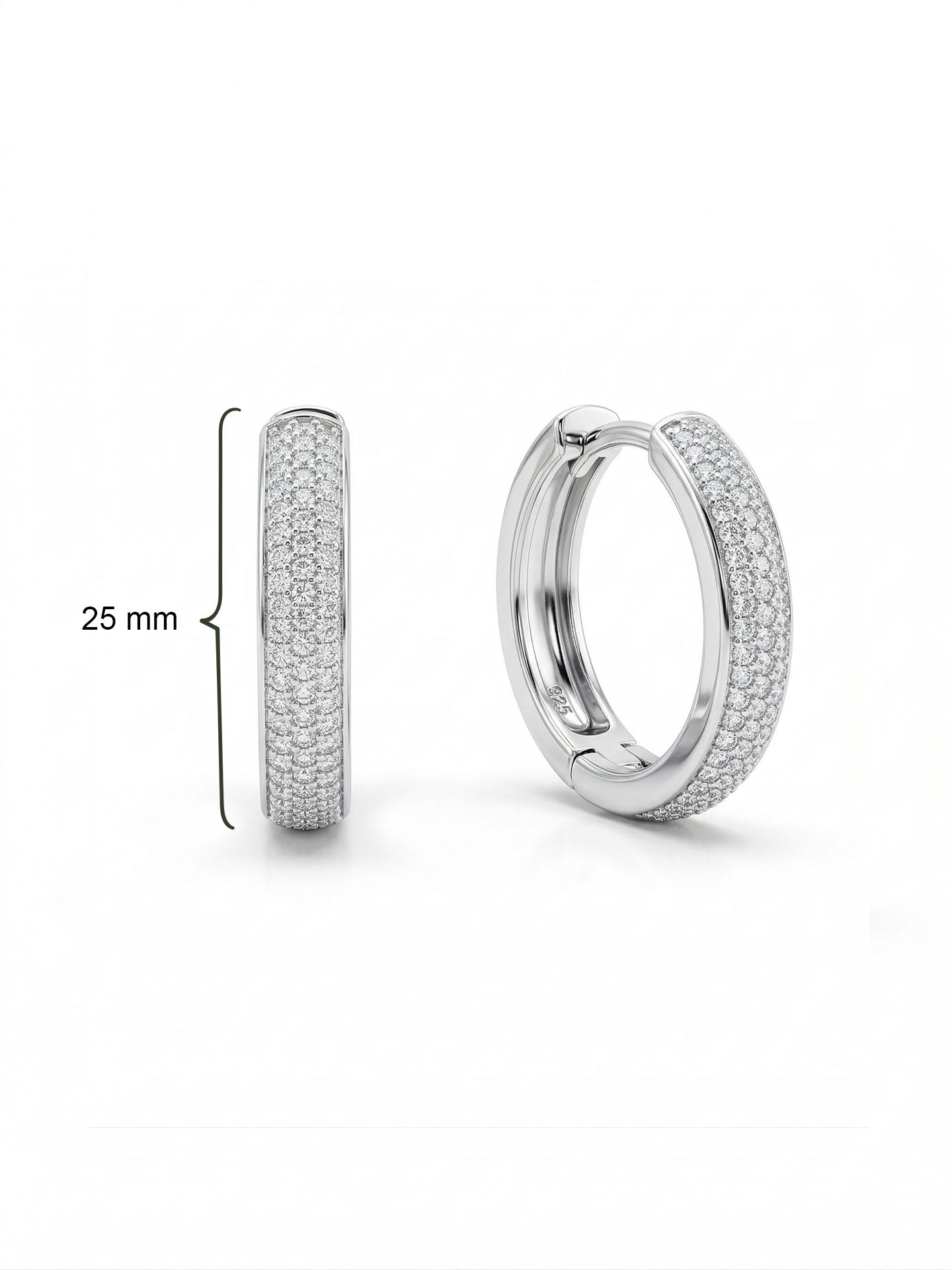 925 Ayar Gümüş Rodyum Renk Zirkon Taşlı Oval Formlu Üç Sıra Huggie Halka Küpe - Büyük