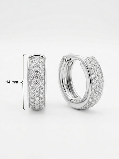 925 Ayar Gümüş Rodyum Renk Zirkon Taşlı Oval Formlu Üç Sıra Huggie Halka Küpe - Küçük