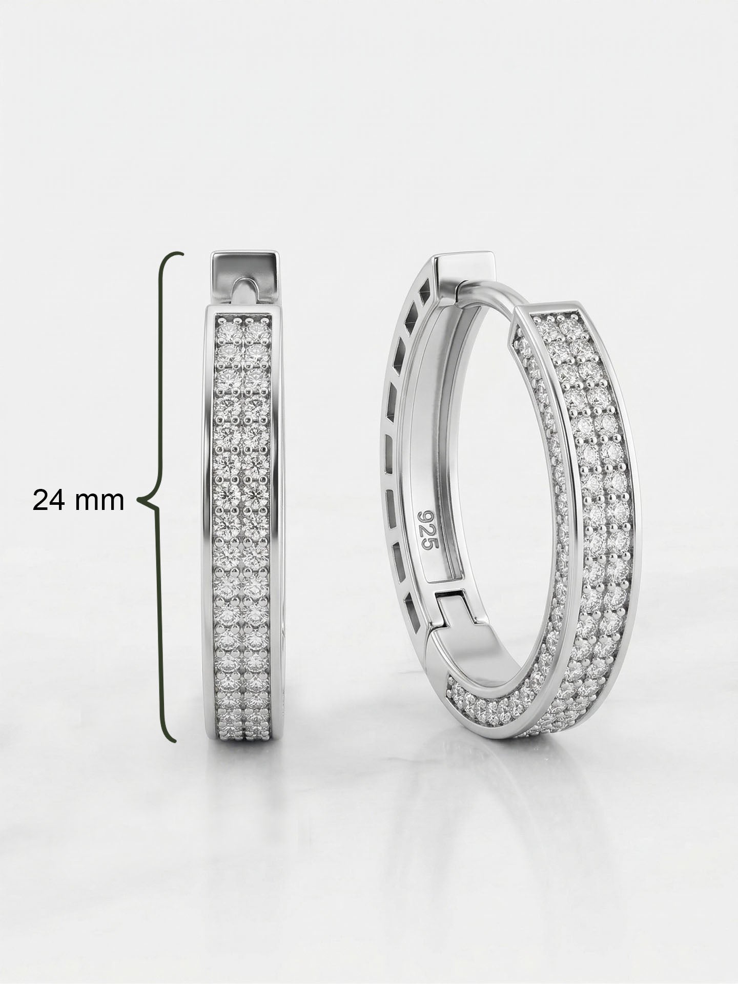 925 Ayar Gümüş Rodyum Renk Zirkon Taşlı Yarım Tur İki Sıra Huggie Halka Küpe - Büyük