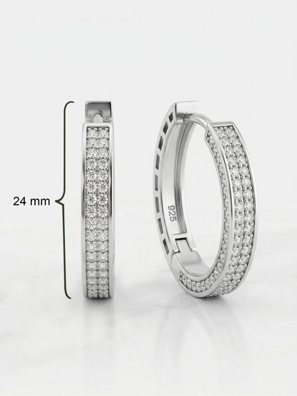 925 Ayar Gümüş Rodyum Renk Zirkon Taşlı Yarım Tur İki Sıra Huggie Halka Küpe - Büyük