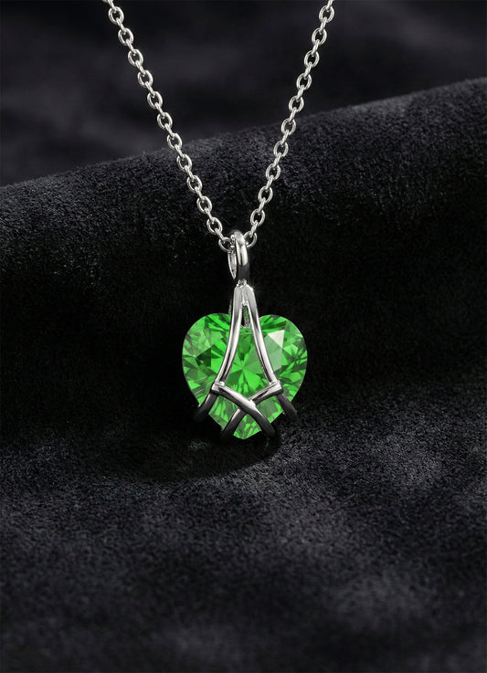 925 Ayar Gümüş Rodyum Renk Zümrüt Taşlı Kafes Kalp Arkadaşlık Kolyesi