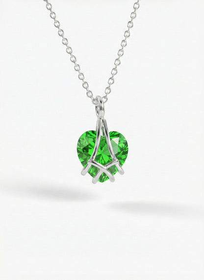 925 Ayar Gümüş Rodyum Renk Zümrüt Taşlı Kafes Kalp Arkadaşlık Kolyesi