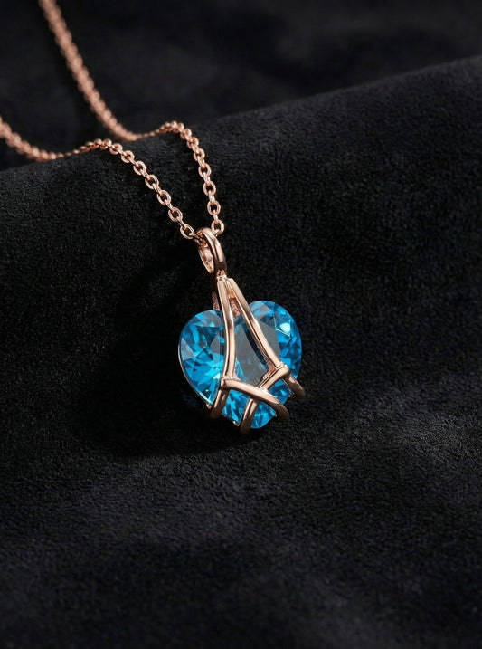 925 Ayar Gümüş Rose Renk Akuamarin Taşlı Kafes Kalp Arkadaşlık Kolyesi