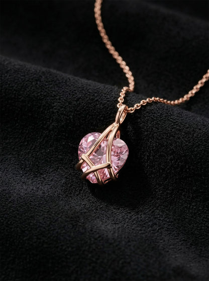 925 Ayar Gümüş Rose Renk Pembe Kuvars Taşlı Kafes Kalp Arkadaşlık Kolyesi