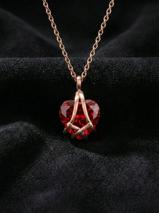 925 Ayar Gümüş Rose Renk Yakut Taşlı Kafes Kalp Arkadaşlık Kolyesi