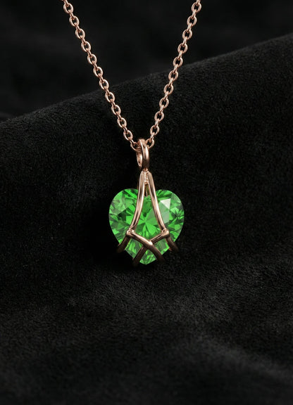 925 Ayar Gümüş Rose Renk Zümrüt Taşlı Kafes Kalp Arkadaşlık Kolyesi