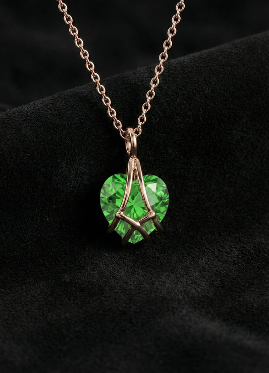 925 Ayar Gümüş Rose Renk Zümrüt Taşlı Kafes Kalp Arkadaşlık Kolyesi