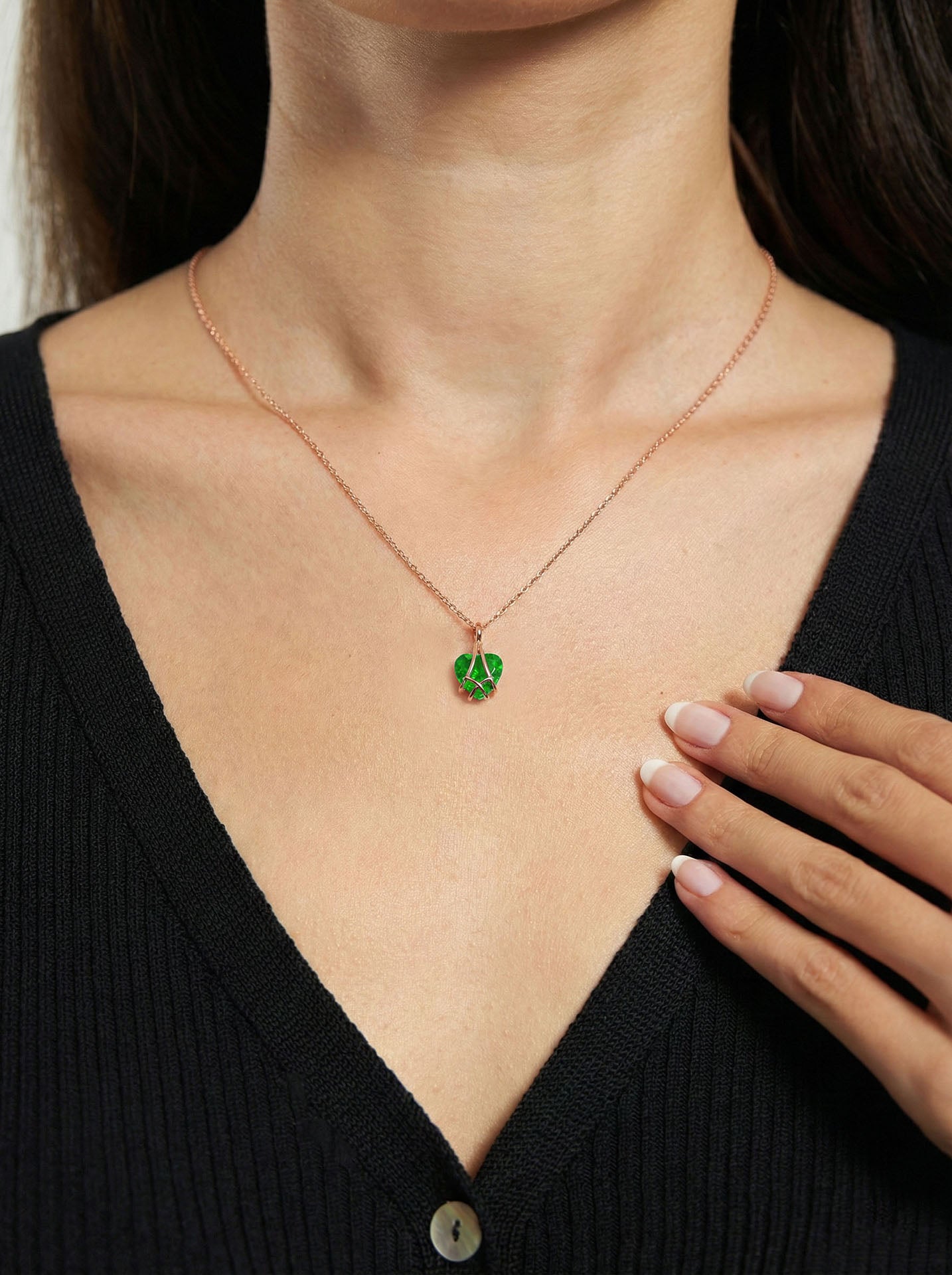 925 Ayar Gümüş Rose Renk Zümrüt Taşlı Kafes Kalp Arkadaşlık Kolyesi