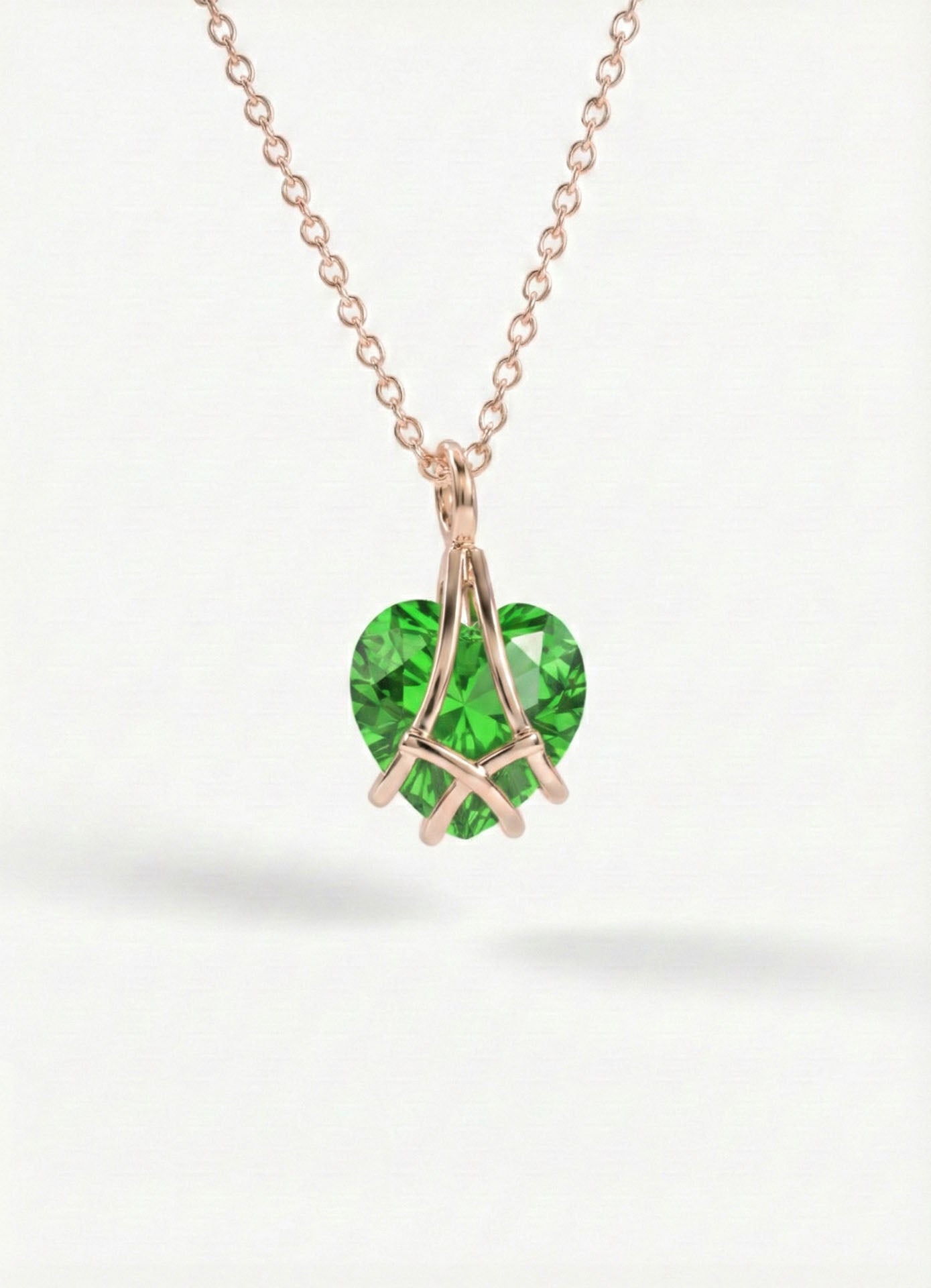 925 Ayar Gümüş Rose Renk Zümrüt Taşlı Kafes Kalp Arkadaşlık Kolyesi