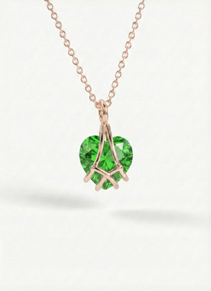 925 Ayar Gümüş Rose Renk Zümrüt Taşlı Kafes Kalp Arkadaşlık Kolyesi