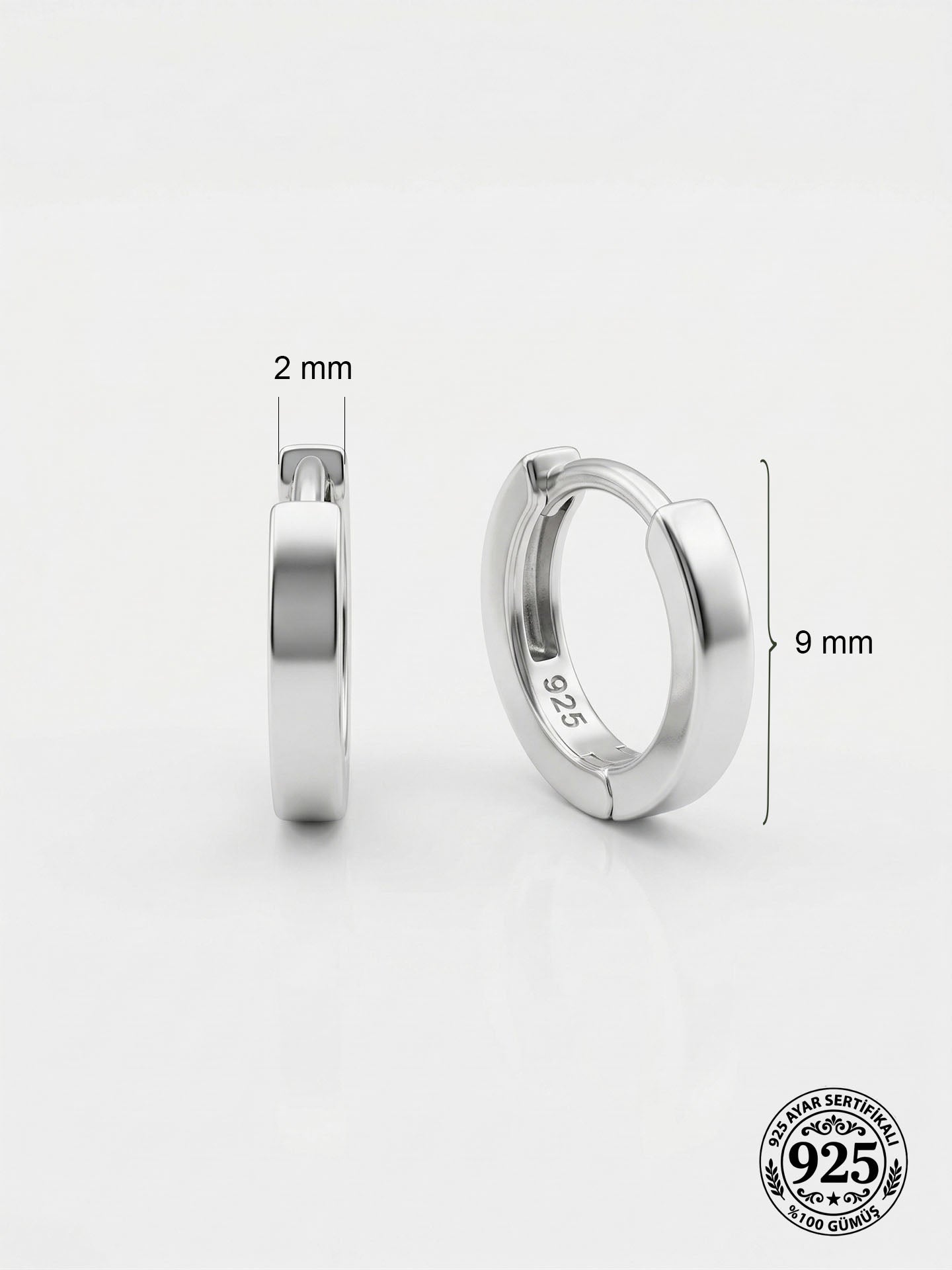 925 Ayar Gümüş Rodyum Kaplama Yuvarlak Tragus - Piercing Halka Küpe - Çift (2x9mm)
