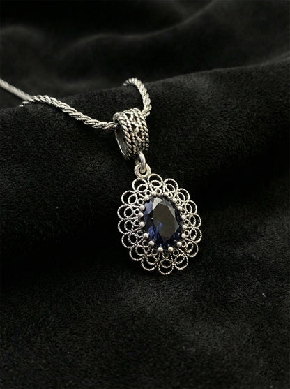 925 Ayar Gümüş Safir Taşlı Elişi Geleneksel Oval Telkari Kolye-Küpe 2'li Set