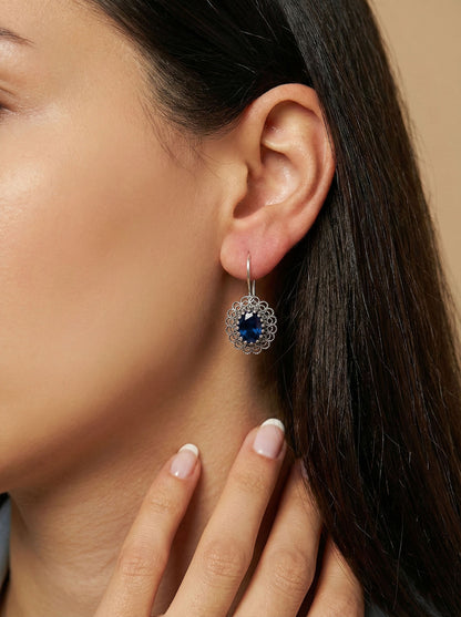 925 Ayar Gümüş Safir Taşlı Elişi Geleneksel Oval Telkari Kolye-Küpe 2'li Set