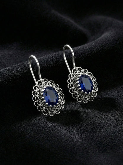 925 Ayar Gümüş Safir Taşlı Elişi Geleneksel Oval Telkari Kolye-Küpe 2'li Set