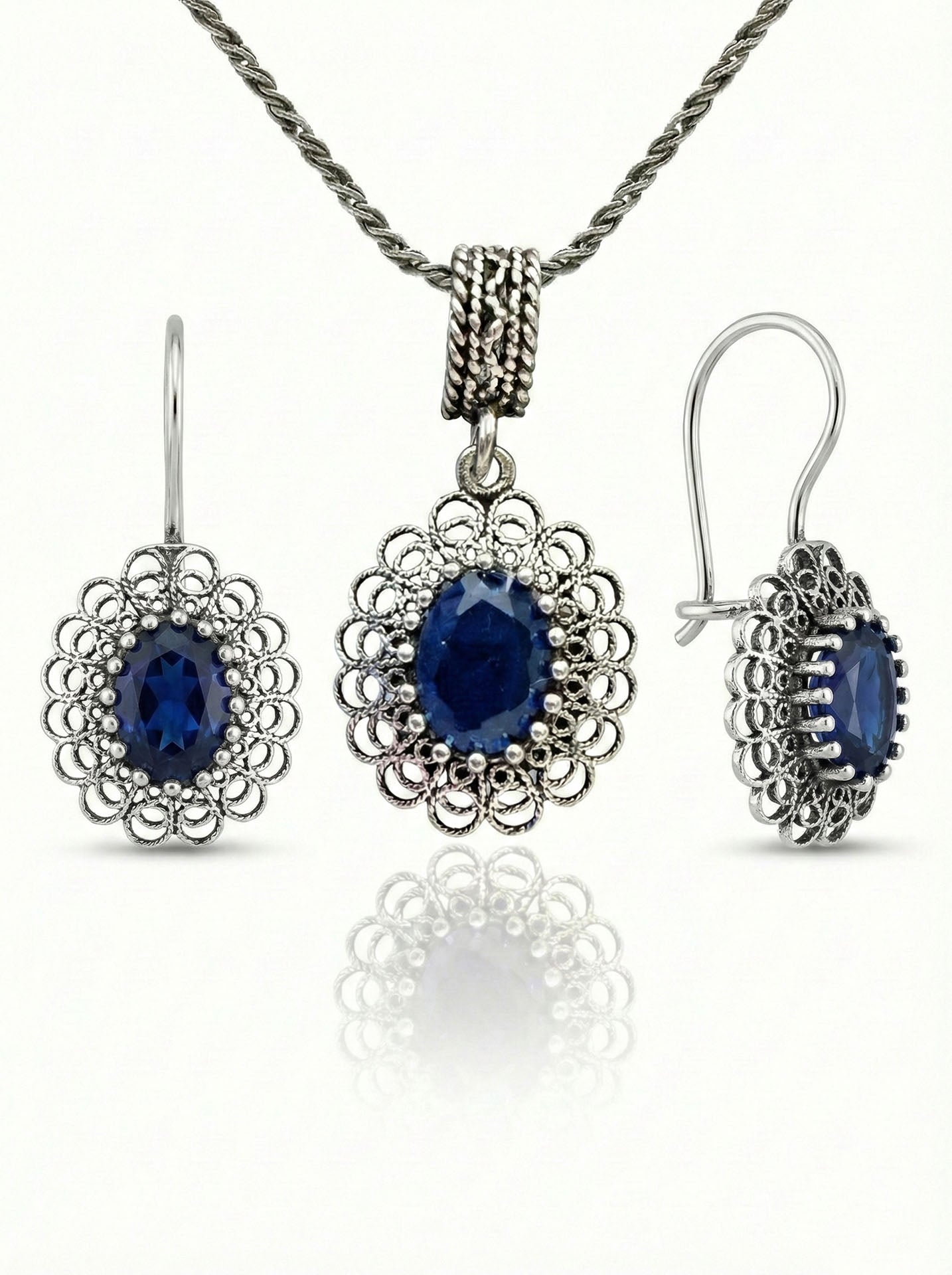 925 Ayar Gümüş Safir Taşlı Elişi Geleneksel Oval Telkari Kolye-Küpe 2'li Set