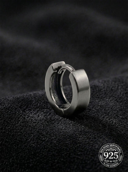 925 Ayar Gümüş Siyah Rodajlı Yuvarlak Erkek Huggie Halka Küpe - Tek (4x11mm)