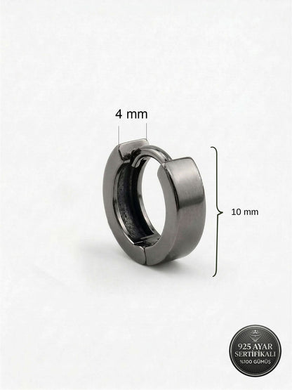 925 Ayar Gümüş Siyah Rodajlı Yuvarlak Erkek Huggie Halka Küpe - Tek (4x11mm)