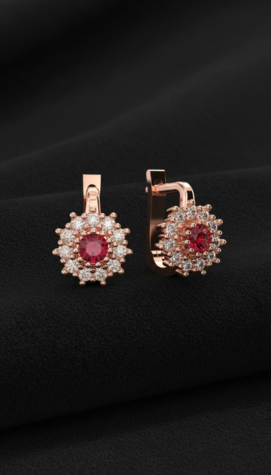 925 Ayar Gümüş Yakut Taşlı Rose Yuvarlak Çocuk Küpesi