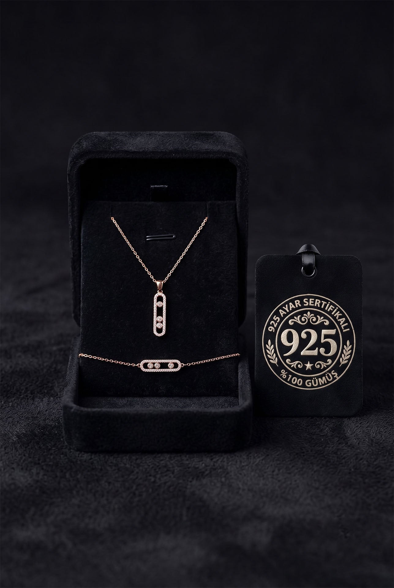 925 Ayar Gümüş Zirkon Taşlı Rose Işıltılı Özel Tasarım Modern Kolye Bileklik 2'li Takı Seti