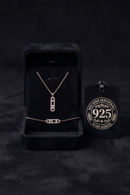 925 Ayar Gümüş Zirkon Taşlı Rose Işıltılı Özel Tasarım Modern Kolye Bileklik 2'li Takı Seti