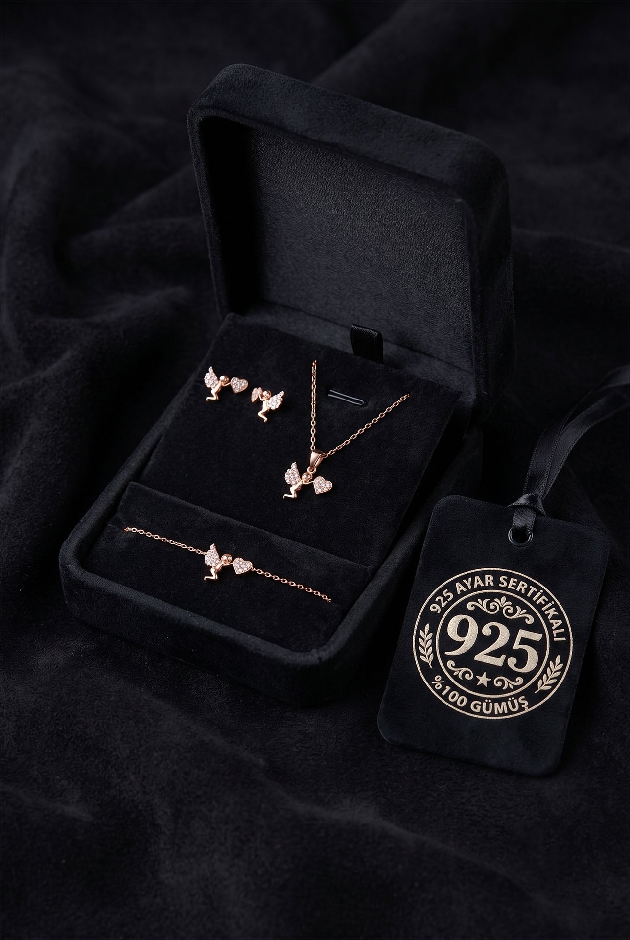925 Ayar Gümüş Zirkon Taşlı Rose Kaplama Aşk Meleği Kolye Küpe Bileklik 3'lü Takı Seti