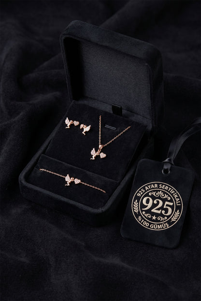 925 Ayar Gümüş Zirkon Taşlı Rose Kaplama Aşk Meleği Kolye Küpe Bileklik 3'lü Takı Seti