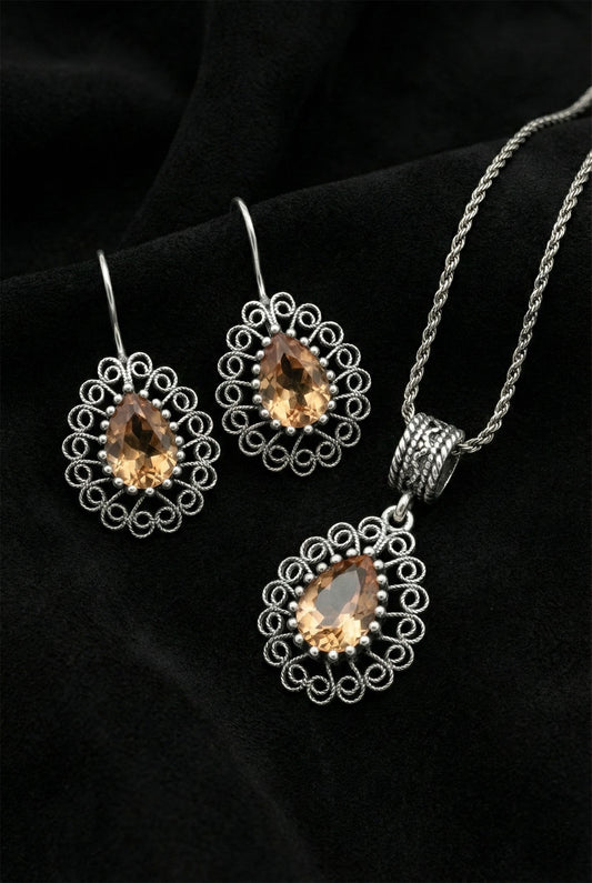 925 Ayar Gümüş Zultanit Taşlı Elişi Geleneksel Damla Telkari Kolye-Küpe 2'li Set