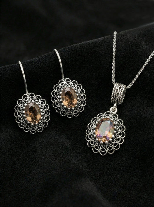 925 Ayar Gümüş Zultanit Taşlı Elişi Geleneksel Oval Telkari Kolye-Küpe 2'li Set