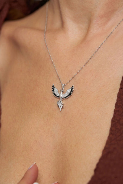 925 Ayar Gümüş Zümrüdüanka Kuşu Kolye - Rodyum Kaplama Siyah Mineli Kadın Kolye