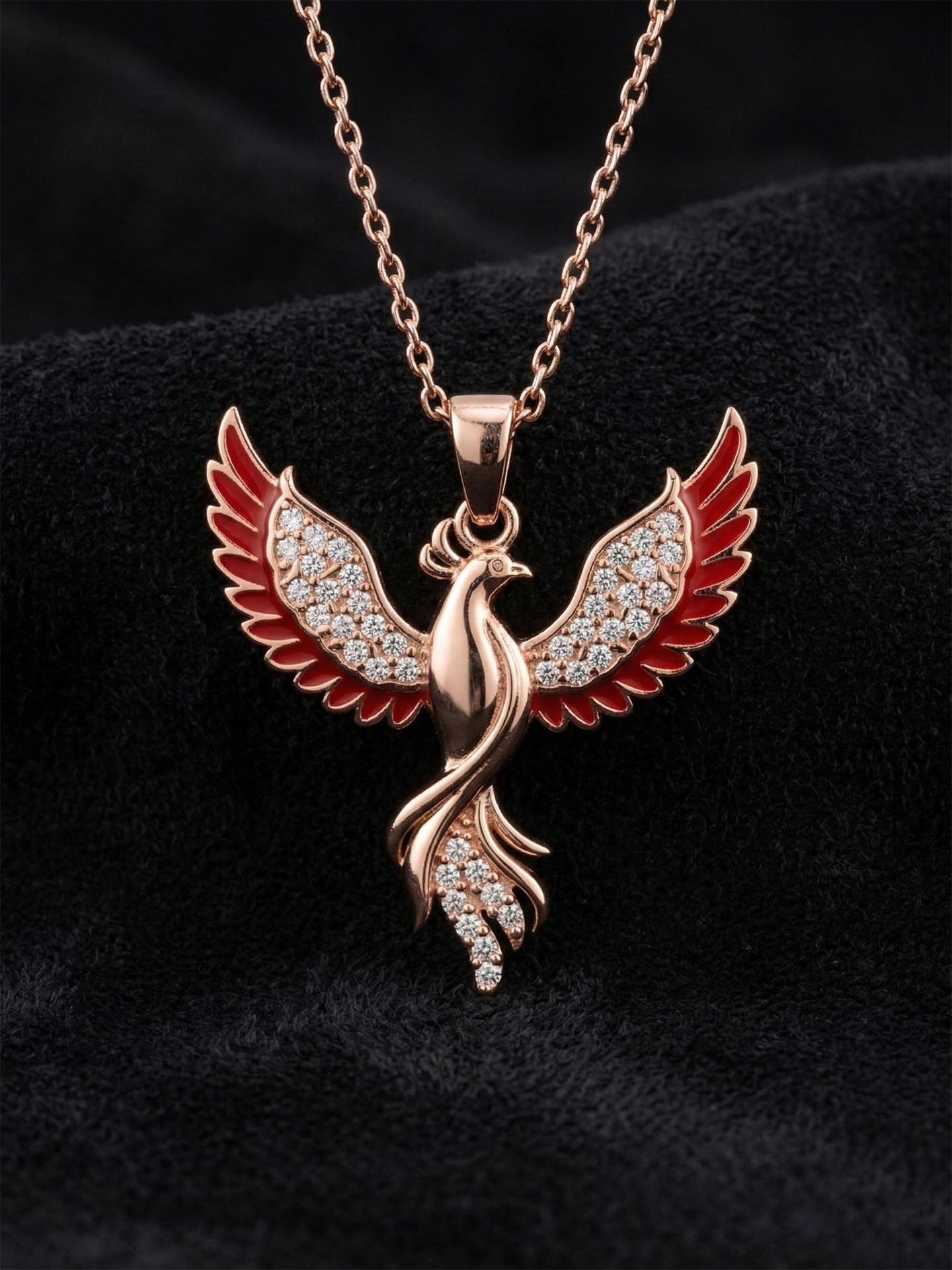 925 Ayar Gümüş Zümrüdüanka Kuşu Kolye - Rose Gold Kaplama Kırmızı Mineli Kadın Kolye
