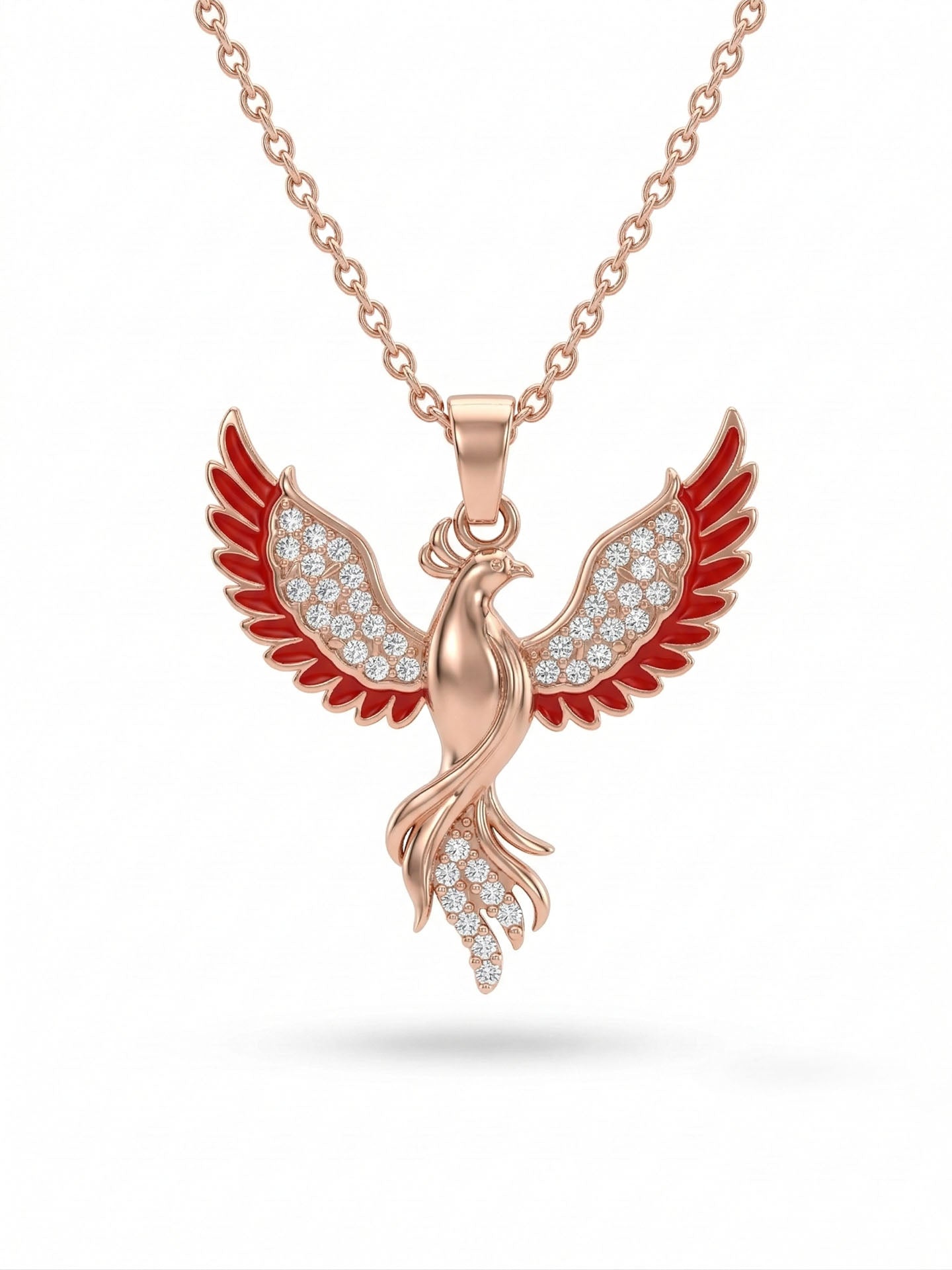925 Ayar Gümüş Zümrüdüanka Kuşu Kolye - Rose Gold Kaplama Kırmızı Mineli Kadın Kolye