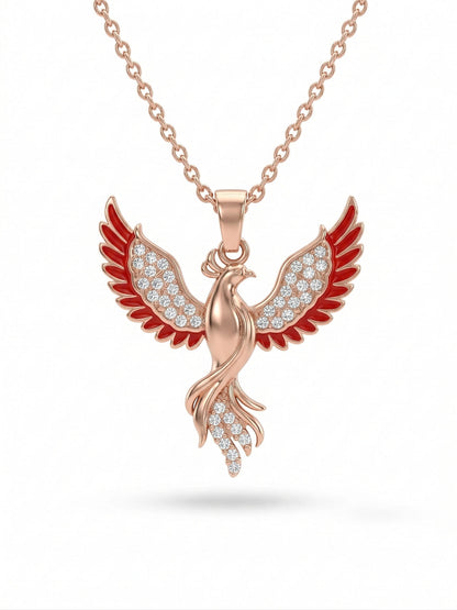 925 Ayar Gümüş Zümrüdüanka Kuşu Kolye - Rose Gold Kaplama Kırmızı Mineli Kadın Kolye