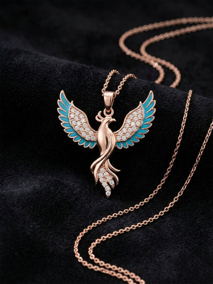 925 Ayar Gümüş Zümrüdüanka Kuşu Kolye - Rose Gold Kaplama Turkuaz Mineli Kadın Kolye