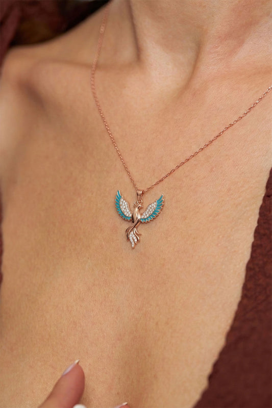 925 Ayar Gümüş Zümrüdüanka Kuşu Kolye - Rose Gold Kaplama Turkuaz Mineli Kadın Kolye