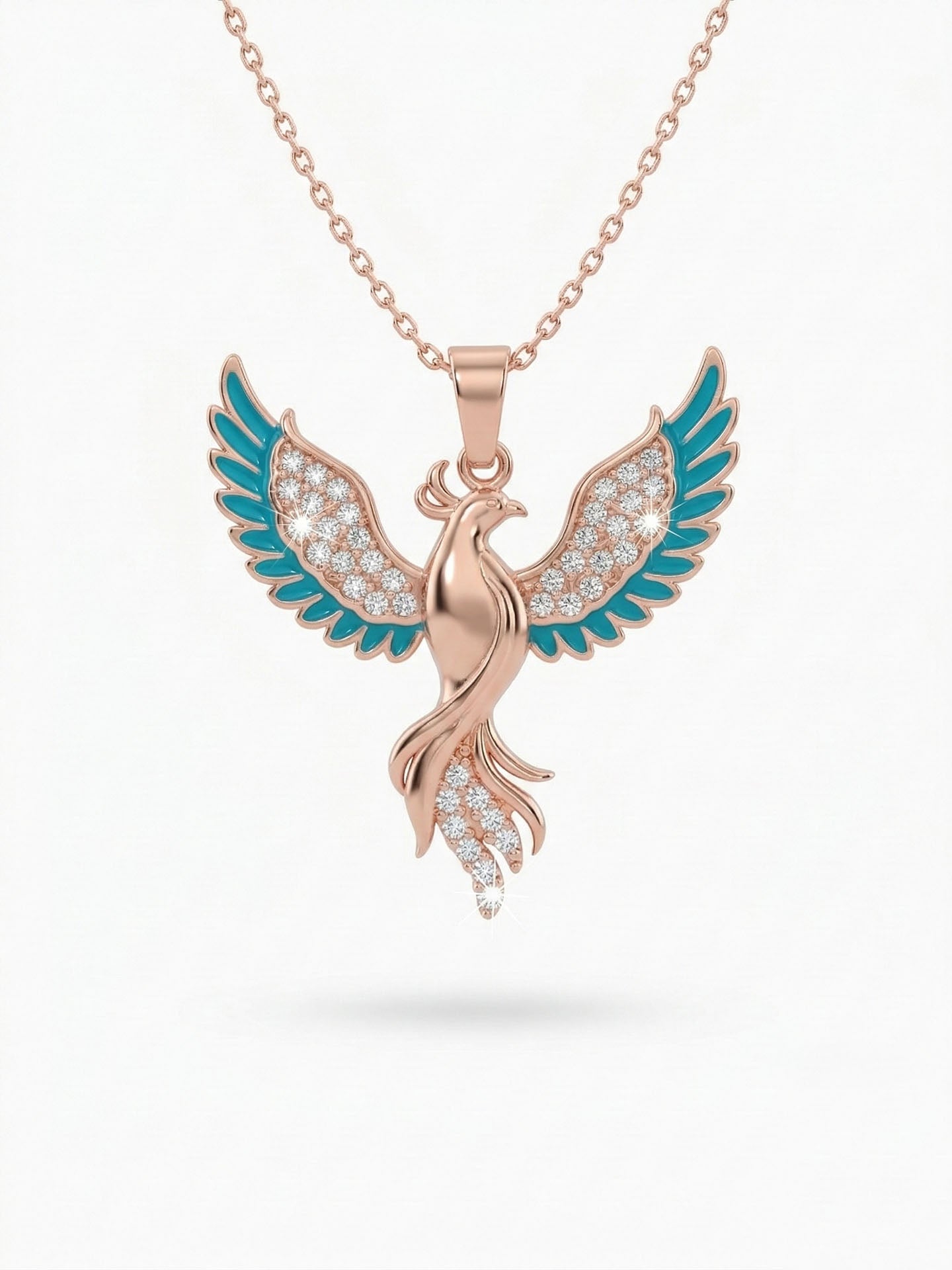 925 Ayar Gümüş Zümrüdüanka Kuşu Kolye - Rose Gold Kaplama Turkuaz Mineli Kadın Kolye
