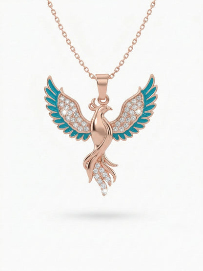 925 Ayar Gümüş Zümrüdüanka Kuşu Kolye - Rose Gold Kaplama Turkuaz Mineli Kadın Kolye