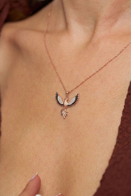 925 Ayar Gümüş Zümrüdüanka Kuşu Kolye - Rose Gold Kaplama Siyah Mineli Kadın Kolye