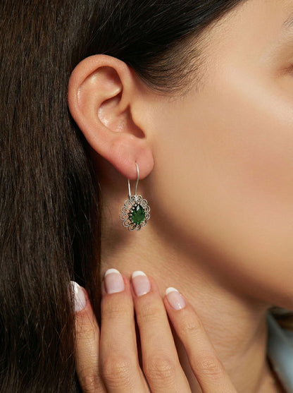 925 Ayar Gümüş Zümrüt Taşlı Elişi Geleneksel Damla Telkari Kolye-Küpe 2'li Set