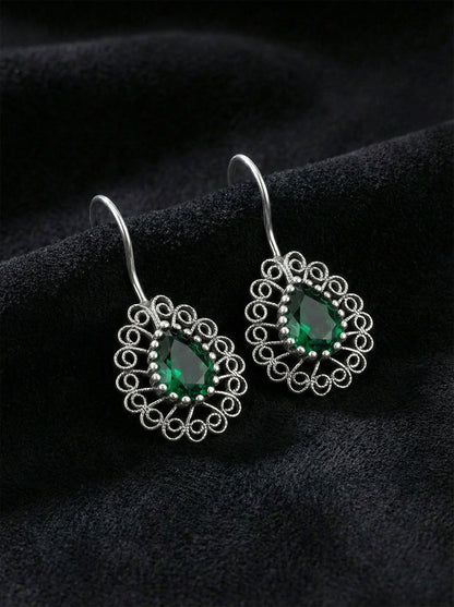 925 Ayar Gümüş Zümrüt Taşlı Elişi Geleneksel Damla Telkari Kolye-Küpe 2'li Set