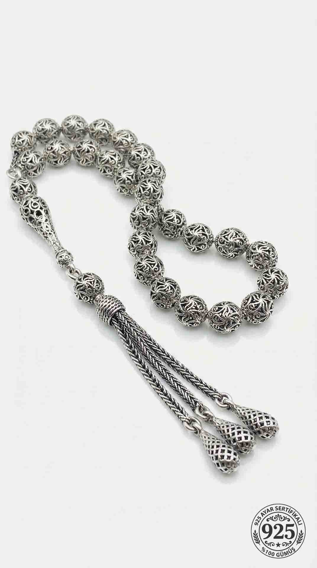 925 Ayar Küre Kesim 3 Kamçılı Püskül Bilek Boy Spiral Desenli Otantik Gümüş Tesbih
