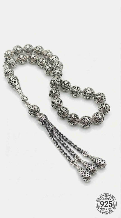 925 Ayar Küre Kesim 3 Kamçılı Püskül Bilek Boy Spiral Desenli Otantik Gümüş Tesbih